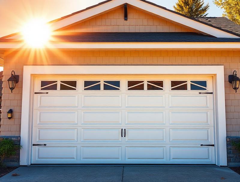 Garage door on a sunny summer day with clear blue sky showing proper weatherstripping installation