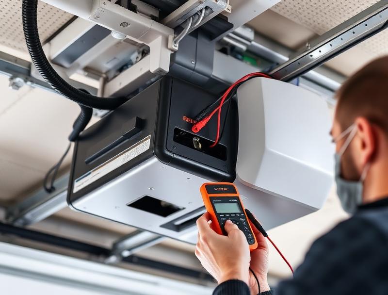 Professional technician troubleshooting a garage door opener motor and control panel