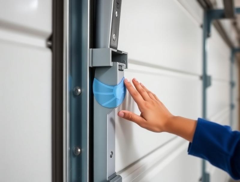 Close-up of pinch-resistant garage door panel joint showing flush design safety feature