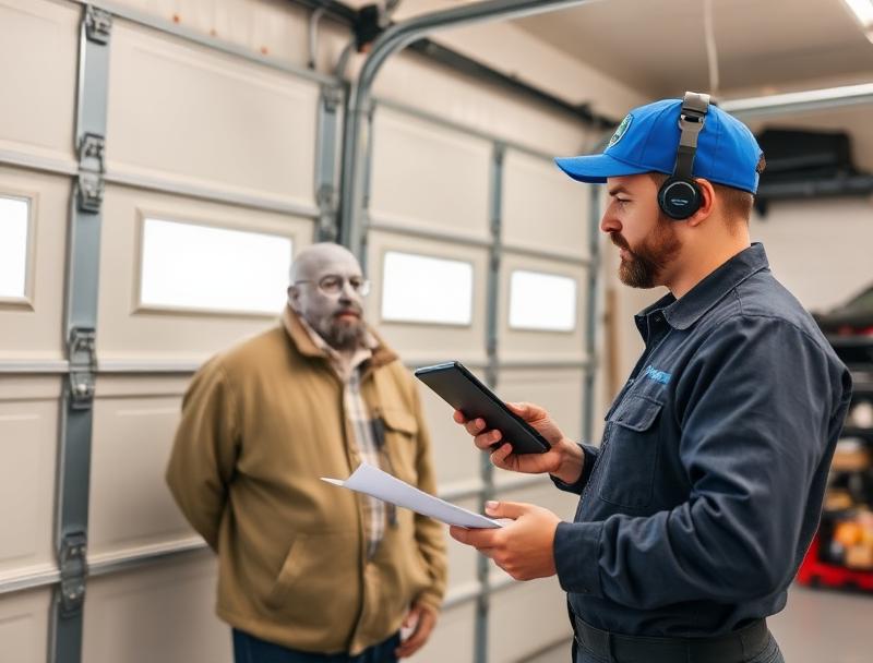 Professional garage door technician performing maintenance inspection covered by warranty service