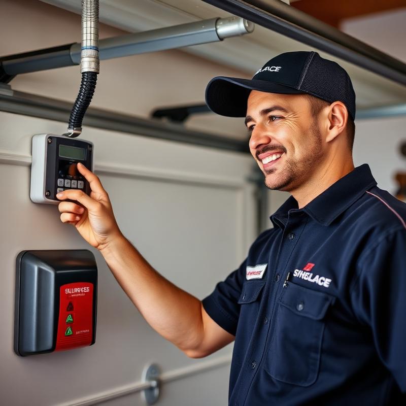 Certified Garage Door Prospect technician in uniform programming a garage door remote and keypad